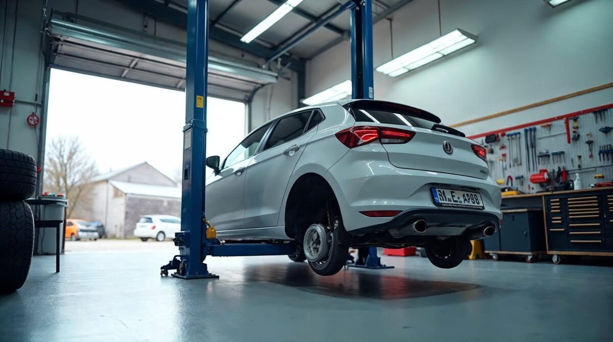 Osobné auto na zdviháku v čistej dielni autoservisu vo Zvolene